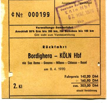 Fahrschein Bordighera – Köln 1970