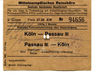 Fahrschein Köln – Passau 3. Klasse 1934