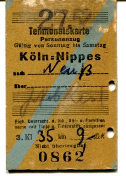 Teilmonatskarte Köln-Nippes – Neuß 1952