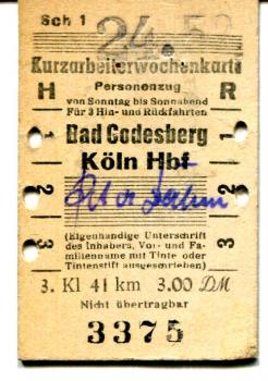 Kurzarbeiterwochenkarte Bad Godesberg – Köln HBF 1952