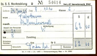 ÖBB Fahrschein Fieberbrunn – Pfaffenschwendt 1965