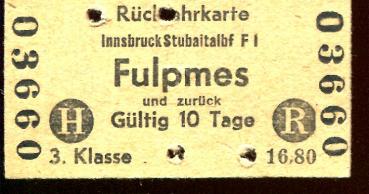 Fahrkarte Stubaitalbahn Fulpmes 1954