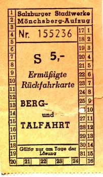 Fahrschein Salzburger Stadtwerke Mönchsberg Aufzug