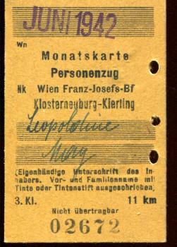 Monatskarte Wien Franz-Josefs Bahnhof – Klosterneuburg-Kierling 1942