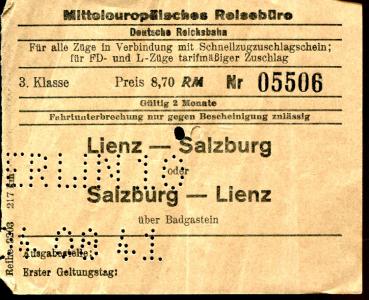 Fahrschein Lienz – Salzburg 1941