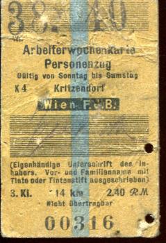 Arbeiterwochenkarte  Kritzendorf – Wien FJB 1940