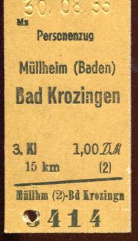 Fahrkarte Müllheim – Bad Krozingen 3. Klasse 1955