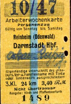 Arbeiterwochenkarte Reinheim – Darmstadt 1947