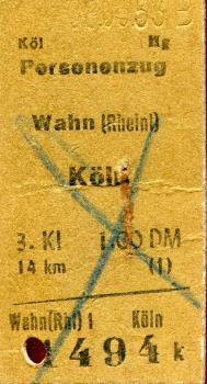 Fahrkarte  Wahn – Köln 3. Klasse 1953