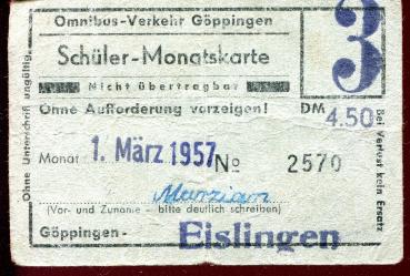 Fahrschein Omnibusverkehr Göppingen Monatskarte 1957