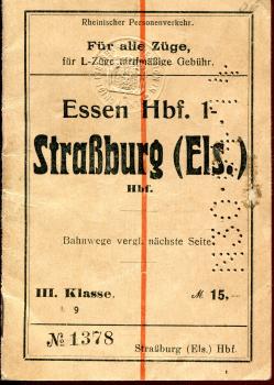 Fahrscheinheft mit noch 2 Fahrscheinen Essen – Straßburg 1914