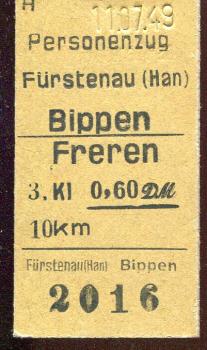 Fahrkarte Fürstenau – Bippen – Freren 3. Klasse 1949