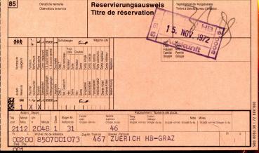 Platzkarte / Reservierungsausweis Schweiz 1972