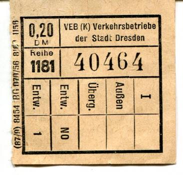 Fahrschein Verkehrsbetriebe Stadt Dresden 0,20 M