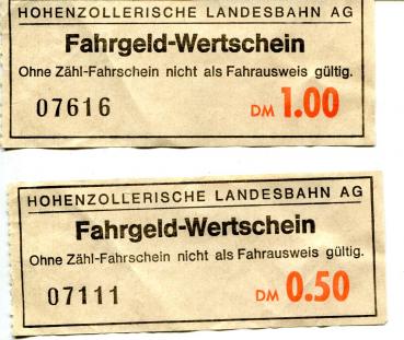 2 Fahrgeld Wertscheine HZL Hohenzollerische Landesbahn