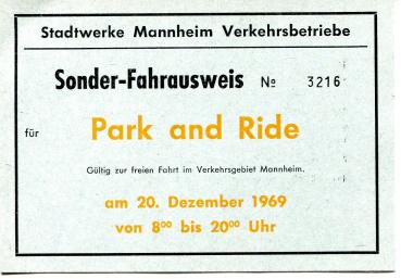 Stadtwerke Mannheim Sonder Fahrausweis Park and Ride 1969