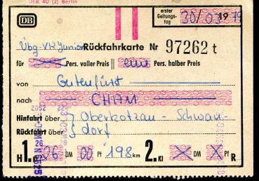 Rückfahrkarte Gutenfürdt – Cham 1979