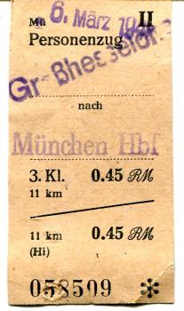 Fahrschein Personenzug Großhesselslohe – München Hbf 1944