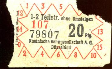 Fahrschein Rheinische Bahngesellschaft Düsseldorf 1 – 2 Teilstrecken