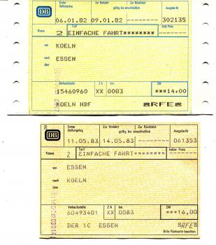 2 DB Fahrscheine Essen – Köln