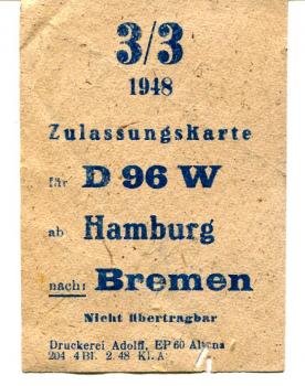 Zulassungskarte D 96 Hamburg – Bremen 1948