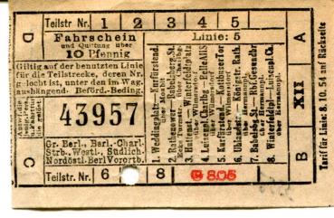 Fahrschein Große Berliner, westliche, südliche, nordöstliche Vorortbahn Straßenbahn Linie 5