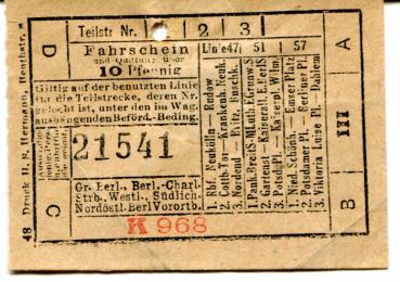 Fahrschein Große Berliner, westliche, südliche, nordöstliche Vorortbahn Straßenbahn Linie 47, 51, 57