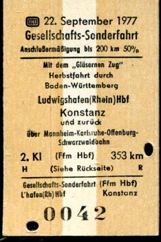 Fahrkarte Gesellschafts Sonderfahrt Ludwigshafen – konstanz 1977