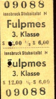 Fahrkarte Innsbruck Stubaital – Fulpmess 3. Klasse 1959