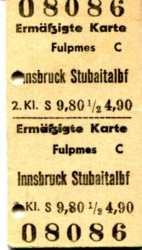 Fahrkarte Fulpmess – Innsbruck Stubaitalbf