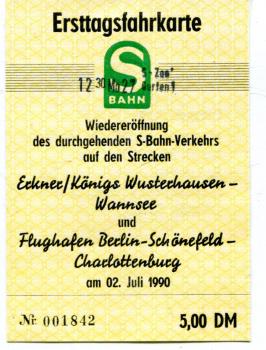 Ersttagsfahrkarte S-Bahn Berlin Erkner – Charlottenburg 1990