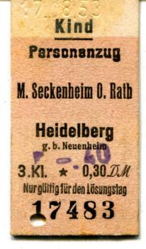 Kinderfahrkarte M. Seckenheim – Heidelberg 3. Klasse 1953