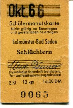 Schülermonatskarte Salmünster – Schlüchtern 1966