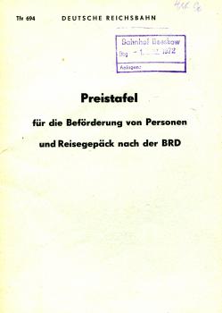 Tfv 694 Preistafel für die Beförderung von Personen und Reisegepäck nach der BRD 1972