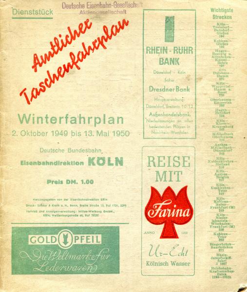 Taschenfahrplan Eisenbahndirektion Köln 1949 / 1950