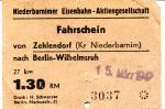 Fahrschein Niederbarnimer Eisenbahn Zehlendorf – Berlin-Wilhelmsruh 1,30 RM